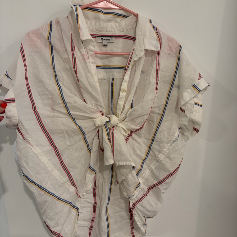 Madewell White Shirt with Red and Blue Stripes